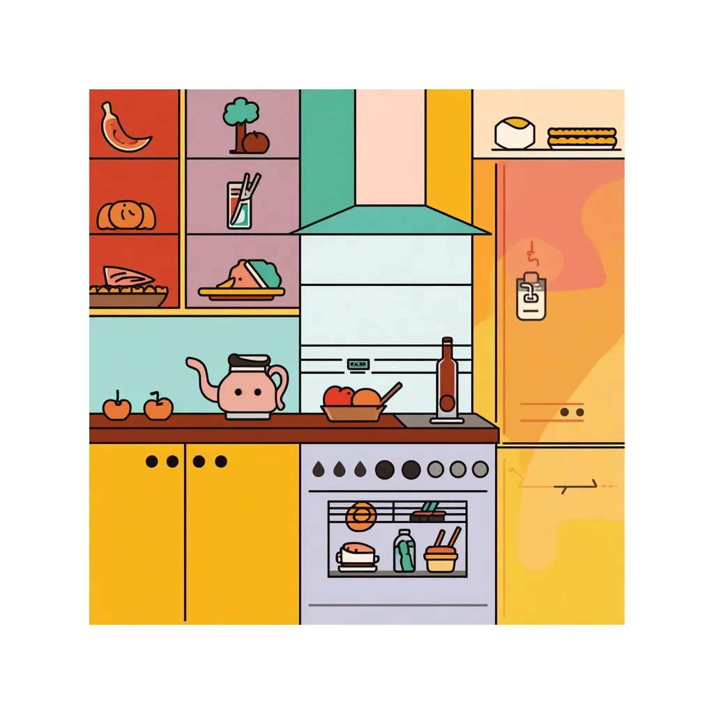 Abstracte weergave van een keukenmoment met kleurvlakken die dagelijkse voedingsgewoonten symboliseren